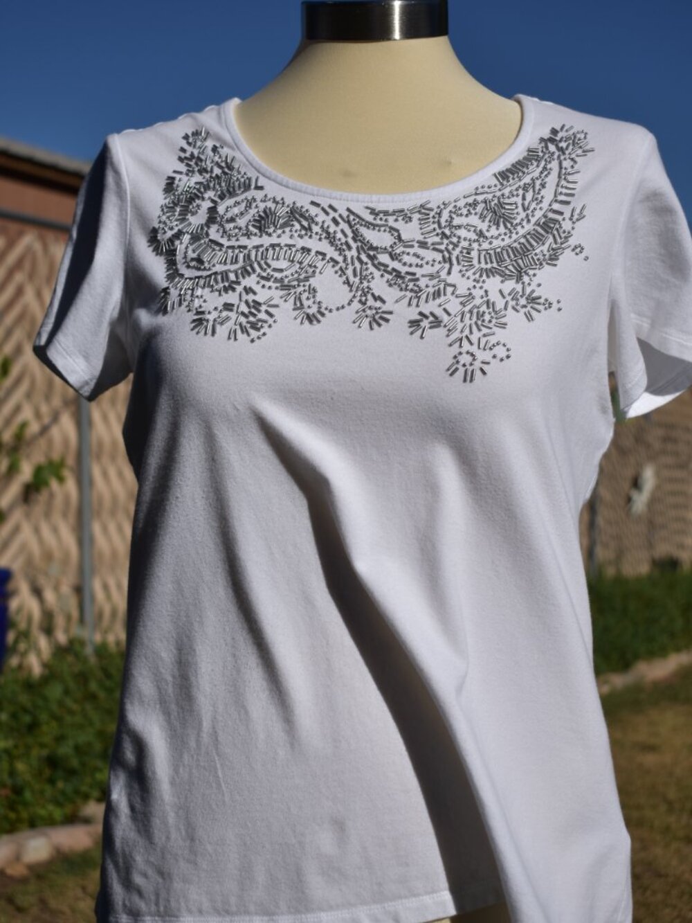 Chico's White Short-Sleeve Scoop Neck Tee with Silver Embellished Neckline